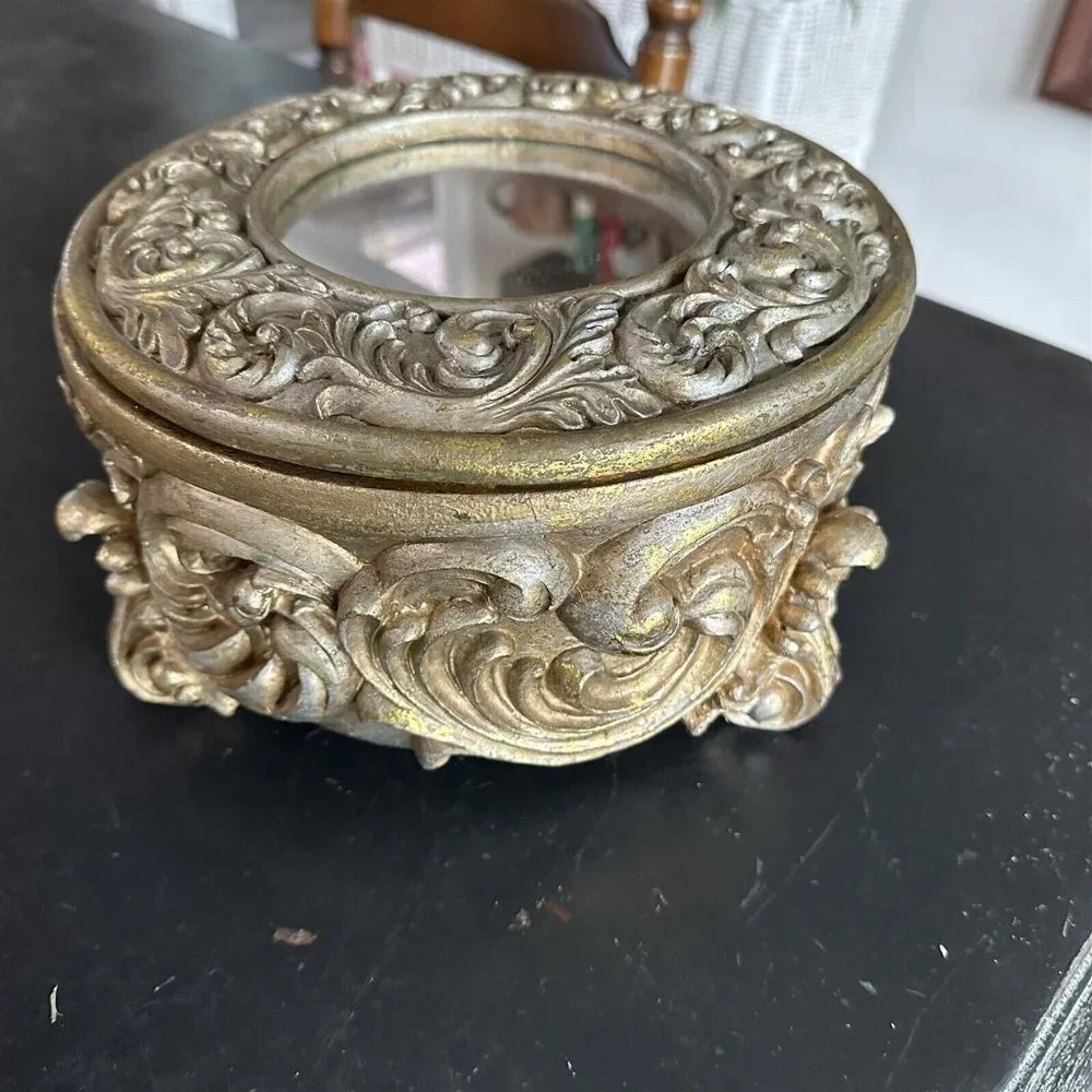 Jewelry Trinket Box Vanity Box Art Nouveau Style Resin Repousse Footed Lined